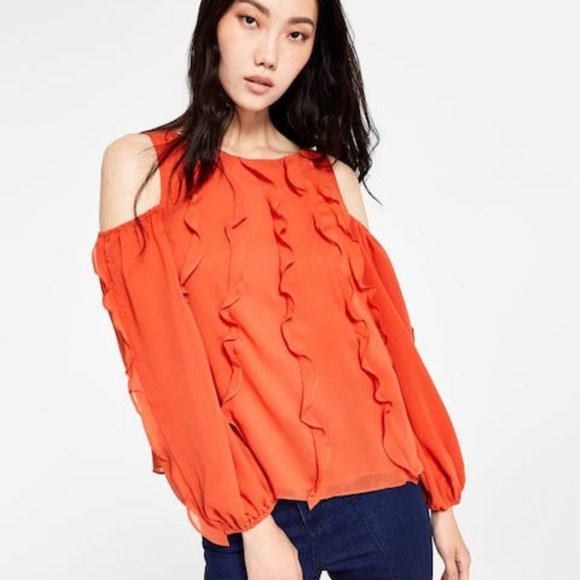 INC Petite Striped Cold-Shoulder Flounce Top main image 0